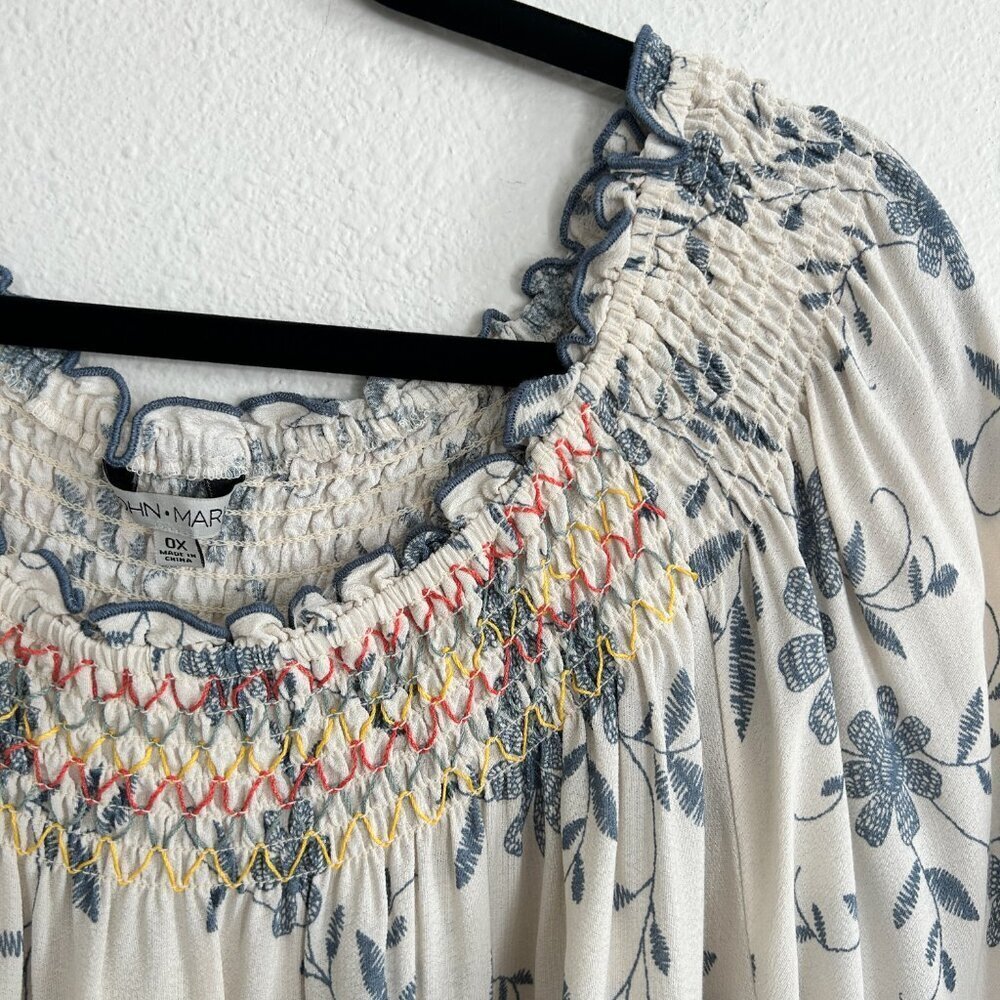 John Mark Shirt White Floral Peasant Top Tunic Ruffle Hem 3/4 Sleeves - Picture 2 of 9